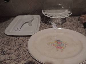 lot 52 image: Milk glass cake stand with glass cover white ceramic platter floral dcor oval plate