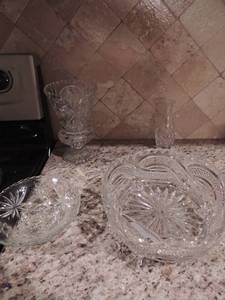 lot 55 image: Diamond cut crystal footed bowl, vase, and small bowl