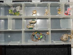 lot 338 image: Shamrock bracelet and pierced earrings, green clip on earrings, triple heart pin, heart pin with arrow, 12 heart with small ruby stone, 4 rings