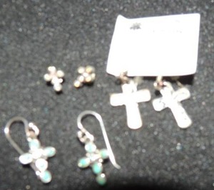 lot 340 image: Cross earrings- silver .925   3 pieces Turquois, rhinestone,  silver ( blue tropics)