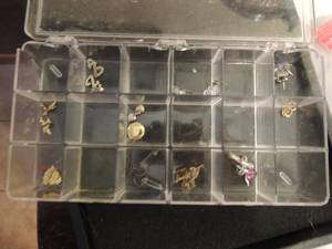 lot 354 image: Gold rose earrings, airplane, silver z, clear beads x 2 small locket, silver cross, primary choir pin and angel pin