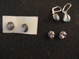 lot 356 image: Earrings- .925 silver- teardrop amethyst,   blue topaz aquamarine in silver and blue moonstone