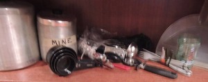 lot 236 image: Silver canisters, measuring cups, pizza cutters can opener and more