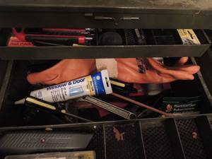 lot 237 image: Tool box double sided full of  misc. tools, putty knife, window seal. Staples and more