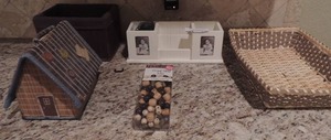 lot 142 image: wood fence brown box, wicker basket NIB beads for jewlery and 2  tier wooden box pic frame