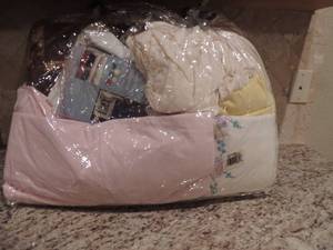 lot 198 image: Large lot of doilies, pillow cases and sham, new drawer organizer hand knitted fall color throw blanket