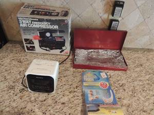 lot 169 image: Arthur Court tray, Sony alarm clock, 3 way air compressor, new pack Hercules hooks