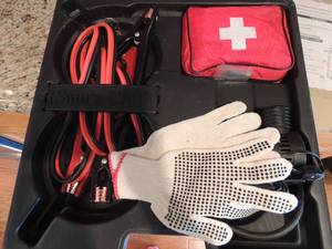 lot 170 image: Roadside assistance kit cables, warning reflectors, flashlight and more
