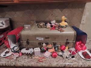 lot 211 image: Suitcase full of tree dcor and 2 hand painted mail boxes