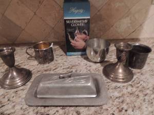 lot 65 image: Sterling silver lot- 2 espresso cups, 2 candle holders, covered butter dish, silver smith gloves