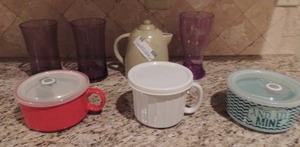 lot 69 image: 3 plastic purple cups, 3 covered soup bowls, green designer studio tea pot