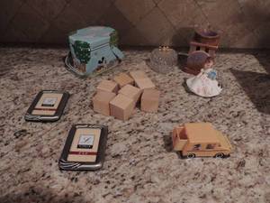 lot 114 image: Mickey Mouse tin, heart shaped trinket box, 2x3 photo frames, mail truck