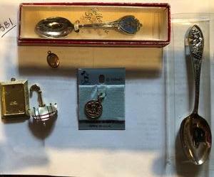 lot 381 image: Souvenir spoons- Mississippi, Old Abilene town, Mickey Mouse charm sterling (new) Umbrella pin, small.5 locket