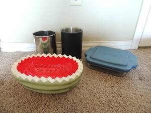 lot 68 image: 2 metal canister The Hatch watermelon bowls, covered anchor hocking casserole