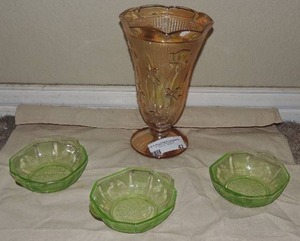 lot 42 image: 9 carnival glass vase and 3 small green  glass bowls