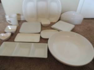 lot 62 image: White dishes- plates, large salad bowl, 3 tier chip and dip and more