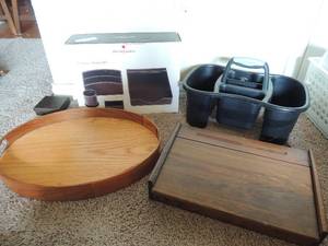lot 216 image: Harvey lewis 4 piece desk set- document tray, letter holder, wooden storage box and wood tray