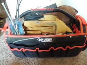 lot 160 image: Husky tool tote sand paper nail waste pouch zip ties and more