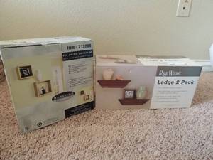 lot 30 image: Ledge 2 pack  12 display shelves NIB, 8 & 6 oak cube set wall shelves NIB