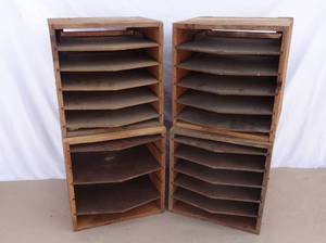 lot 121 image: Lot of 4 Vintage Hardware Store Wooden Parts Bins w Dividers.  Box jointed.  Each one is 12 12 x 10 12 x 13