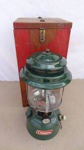 lot 128 image: Vintage 1973 Coleman model 220H lantern with wooden case