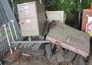 lot 350 image: Antique safe (combination included), file cabinet, scrap metals and more as shown