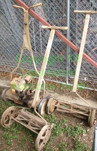 lot 344 image: Vintage MTD gas powered lawn mower and vintage mid century push mowers, 3 total