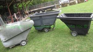 lot 282 image: Rubbermaid commercial products tilt dumpsters, one is missing wheels, 4 count