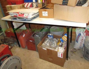 lot 71 image: Laminate top utility table 26 x 60 x 29, contents not included