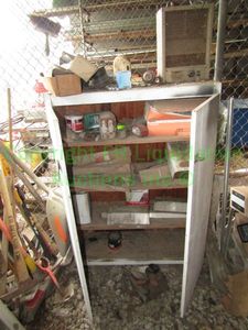lot 168 image: Custom built storage cabinet 36 x 15 x 48, plus contents as shown