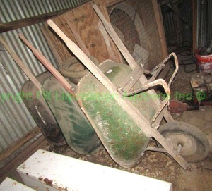 lot 203 image: True Temper wheel barrows, wheels not attached on two. 3 total