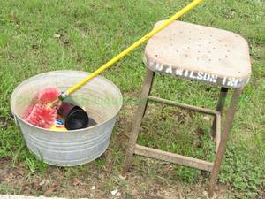 lot 385 image: Metal stool, bucket and cleaning supplies