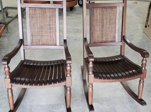 lot 126 image: Meranti Wood Wicker Back Slat Seat Rocking Chairs