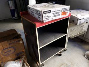 lot 185 image: SteelMaster Touch Button Cash Drawer With Red and White Cashier Table with Pass through Dolly not included (W28 x D21 x H36)