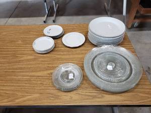 lot 181 image: Assorted Dishes - 13 Glass Serving Plate, 16-11Dinner Plate(Gold Edge), 1-8Silver lined Bread Plate, 5-6 Tea Plate, 4-6 Black Rose Petal,4-8Clear Salad Plate