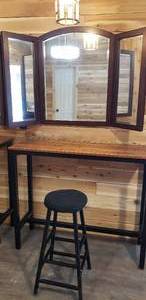 lot 140 image: Trifold Mirror, Table, Stool Set (Table - W 47 x D 16 x H 47 approx.)
