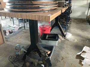 lot 272 image: Bar Table (W84 x D30 x H43 approx.) Laminate Finish, 2 Metal Straps, Heavy Steel Legs (4 and 3 square)