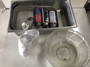 lot 250 image: 2 Lg. Plastic Service Bowls, 4 Butane Cans, 1 Brital Chaffing Pan, 1 Baking Pan, 32- 3oz Tea Bags, 2 Bunn Drip Bay Containers