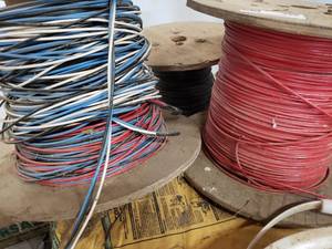 lot 375 image: Roles of Wire Approx Half Role, Red 14AWG Stranded, White, Black Blue 14 AWG Stranded, Black 14 AWG Stranded