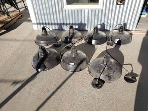 lot 445 image: 7 Large Black Pendant Lights, 19 Round Pendant, 30 Hanging