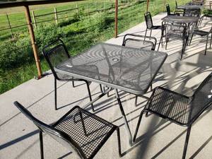 lot 448 image: Patio Table and 4 Chairs, All Black Metal with umbrella hole 35 Square Table