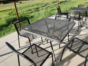 lot 450 image: Patio Table and 4 Chairs, All Black Metal with umbrella hole 35 Square Table