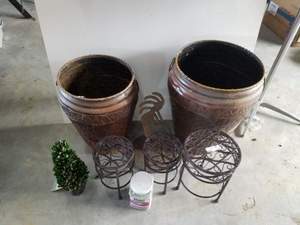 lot 211 image: Plant Stand Lot Small Tree Art Deco, 2 Matching Planters, Set of 3 Plant Stands, Plant Food