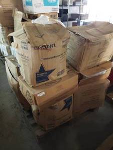 lot 288 image: Pallet of Paper and Plastic Goods Knives, Forks, Heavy Wipes, 4oz Containers, Soap Dispenser, Dry Mop Heads, Plates, 2 Dixie Stand Up Napkin Dispensers