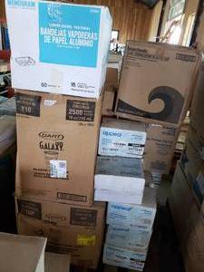 lot 289 image: Pallet of Paper and Plastic Goods Knives, Forks, 4 Boxes of 40-45gal Bags, Foil Steam Table Pans, Lids