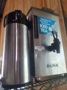 lot 254 image: Bunn Ice Tea Dispenser and ColdHot Coffee Airport Dispenser, Wooden Spoons