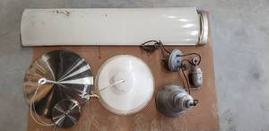 lot 385 image: Pendant Lights Elan Valdai LED brushed nickel pendant Item# 83322, Light Buys Farmhouse Pulley Bell Pendant, White Metal Pendant and 1 Led Commercial Kitchen Light