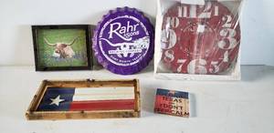 lot 416 image: Misc. Decorative Items Rustic Framed  Painted Texas Flag, Texas Plaque, Longhorn Picture, Wooden Clock (unopened), Rahr and Sons Metal Sign