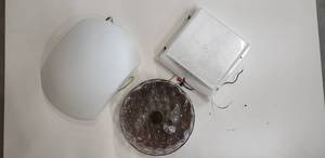 lot 383 image: Ceilinig Lights, various Styles 1 - Glass with heavy Cast Base, 1 - Square Flush Mount Kitchen Light, 1 - Decorative Flush Mount
