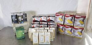 lot 354 image: Tote of Misc. Electrical Items Wire connectors (15 Boxes), Plusrite Halogen 50 (1 total), Green Creative Titanium LED 800 (10 total), Lutron Diva Light Switch (12 Total), Yellow Halogen (6 total)